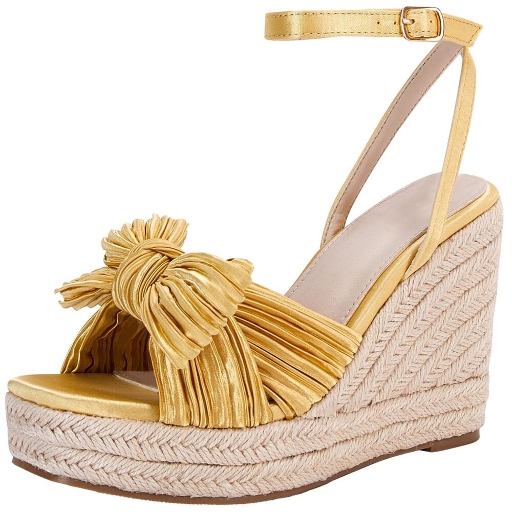Yellow Satin Bow Espadrille‎ Platform Wedges Sandals Gift Women's Size 8.5 New